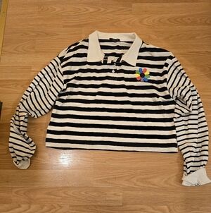 dELiA*s Black and White Womens Striped Polo with Colorful Flower